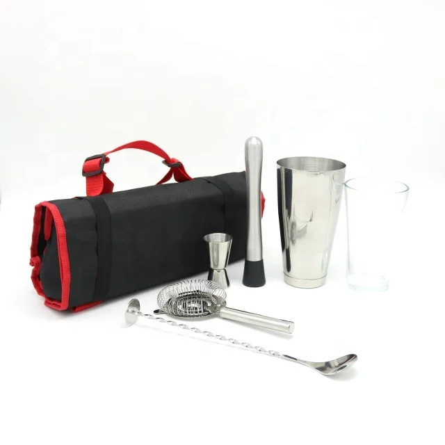Cocktail Boston Shaker Jigger Muddler Strainer Spoon Bartender Kit Barware Set With Portable Travel Waxed Canvas Roll Bag