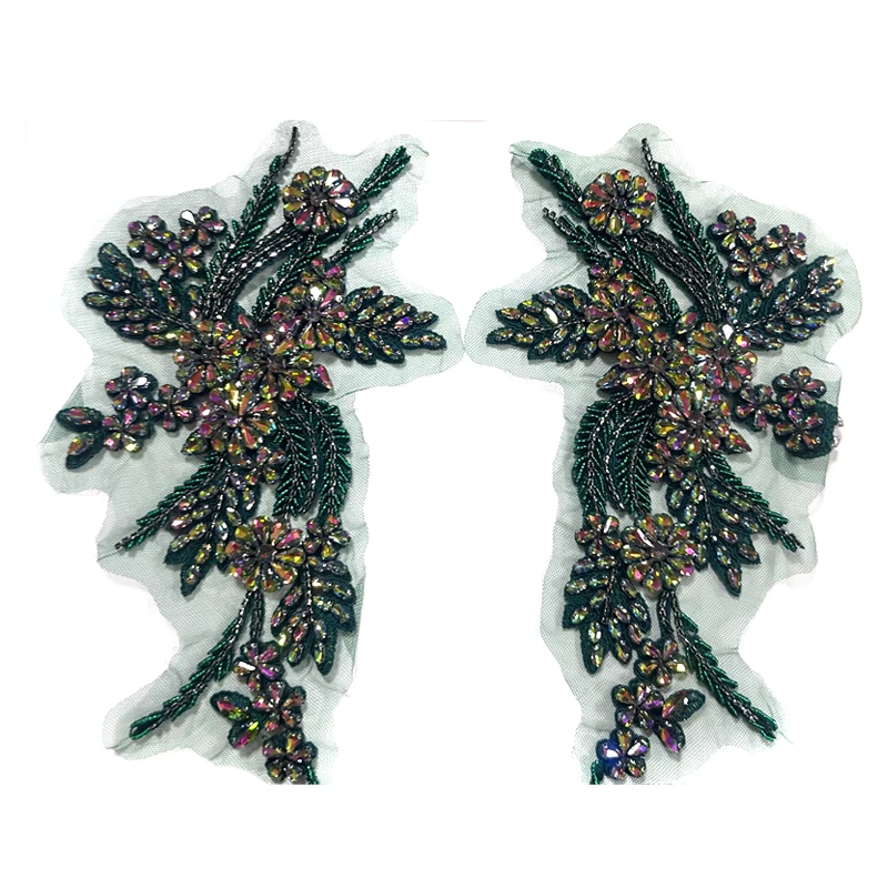 Various Colors Crystal Rhinestone Lace Applique Pair Sew-on Wedding Dress Handmade Beads Floral Motif Garments Accessories