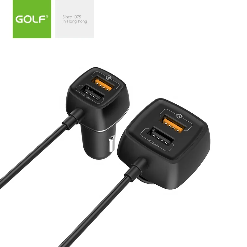 GOLF 60W Car Charger Of Back And Front Seat Quick Charging PC ABS Material 2.4A QC 3.0 Car Charger Adapter With 1.5m Cable