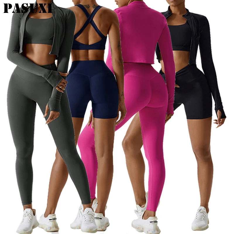 PASUXI бесшовный комплект для йоги женские костюмы тренажерного зала Спортивная одежда на молнии тренировочный спортивный костюм спортивная