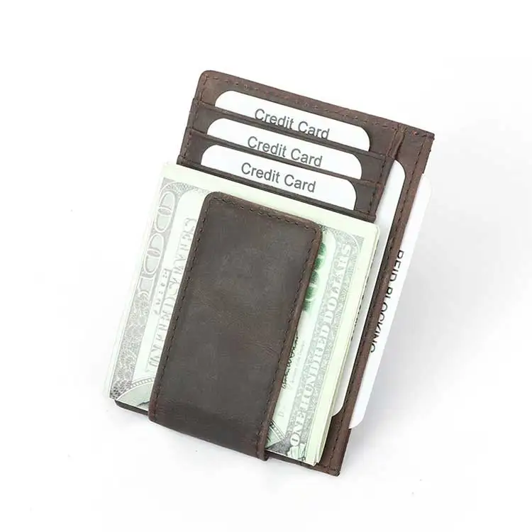 Custom Logo Vintage Cow Genuine Leather Slim Front Pocket Rfid Blocking Card Holder Wallet Men Strong Magnet Leather Money Clip