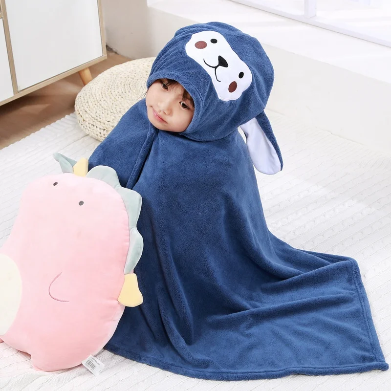 Cartoon Animal Kids Soft Fast Absorbing Microfiber Coral Fleece Baby Hooded Bath Wrap Baby Towel