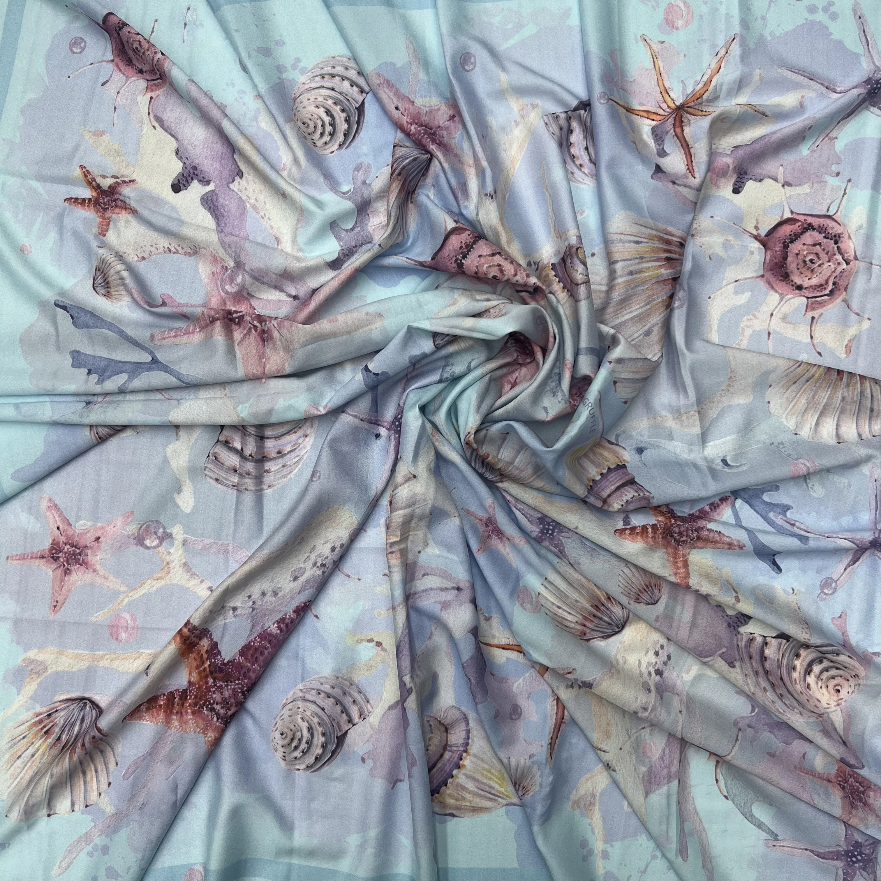 custom tropical style printed sky blue starfish polyester silk scarf Square Head scarf Muslim headscarf hijab