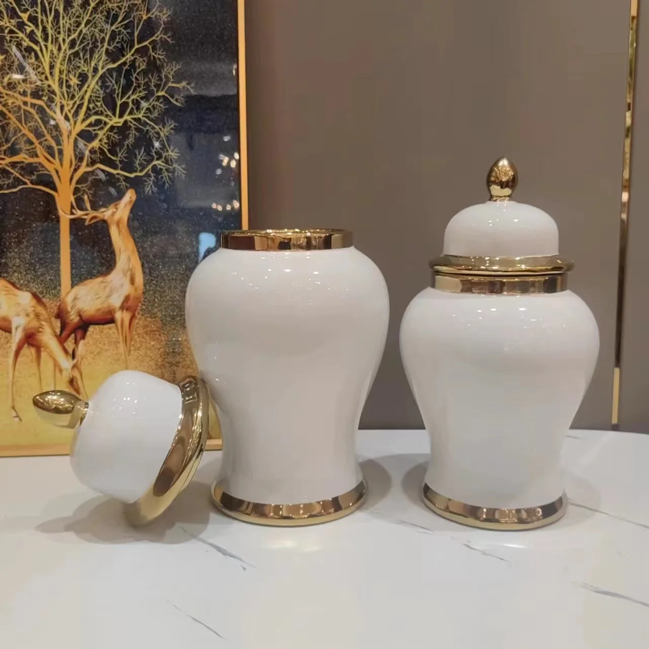 MSH European Light Luxury Luxury Golden White Temple Jars Home Decoration Porcelain Vase