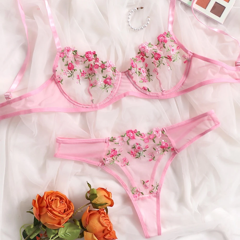 Wholesale Hot Luxury Transparent Embroidery Flowers Fashion Sexy Lingerie Women Panties Pink Sexy Lingerie