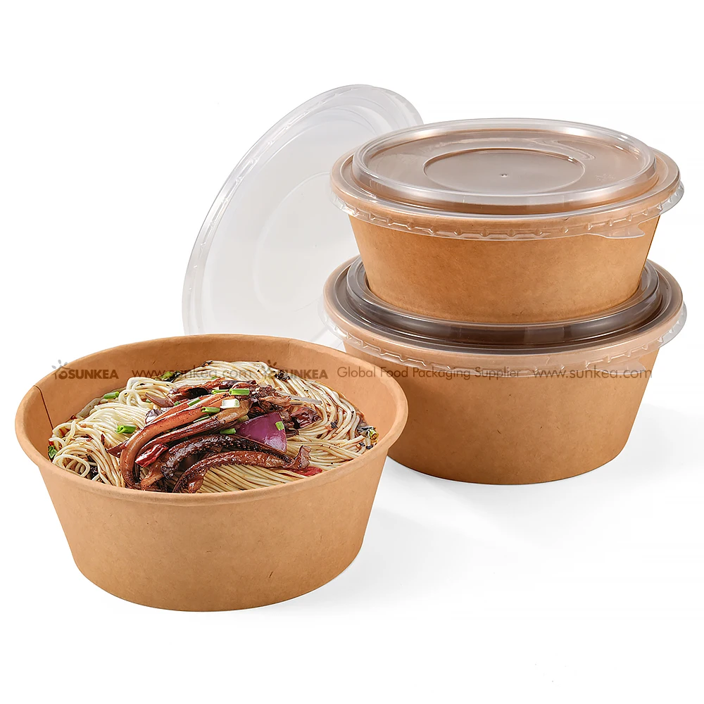 Biodegradable Emballage Fast Food Packaging Kraft Paper Chinese Salad Bowl With Lid