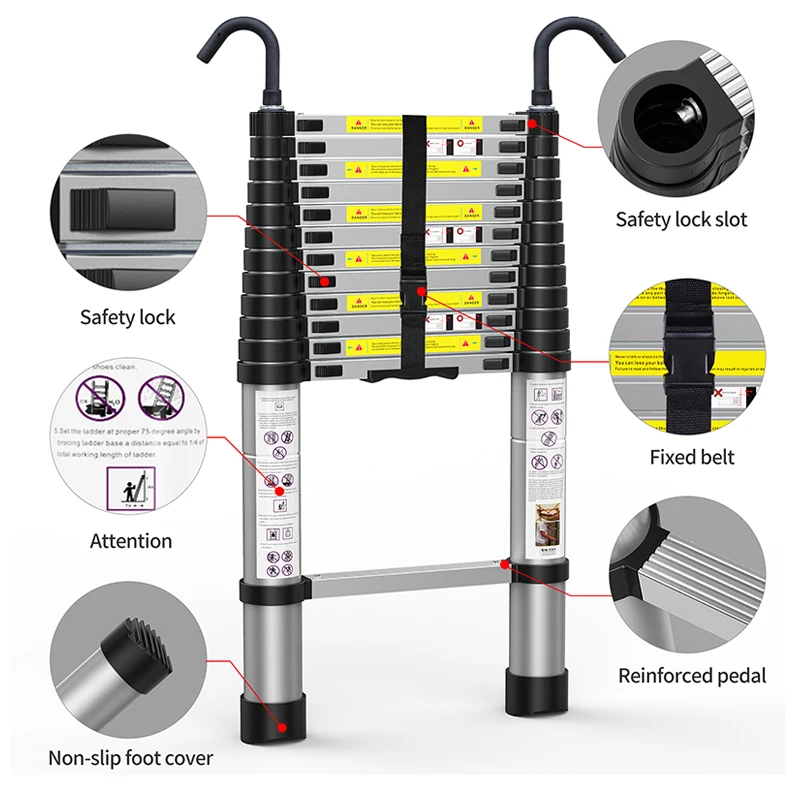 Heavy Duty Telescopic Ladder 7m telescopic a frame ladder with Hooks Stabilizer Bar, for Rooftop RV Attic Home Outdoor