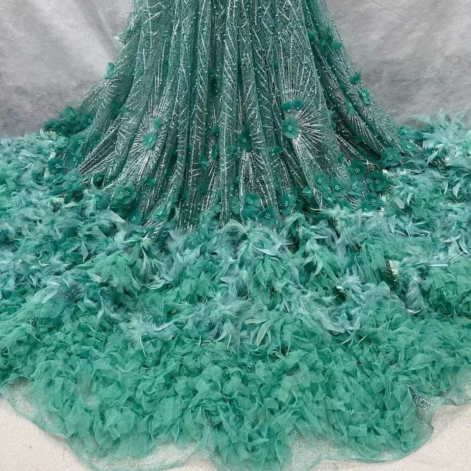ACI 3D Lace With Feathers And Embroidery Beads Tulle Fabric Ngeria African Lace Fabric 5 Yards/Piece For Dress
