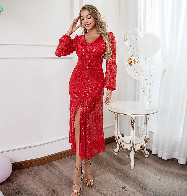 2022 New Spring Red Shiny Sequined Ruffle Slit Long Sleeve Long Dresses Women Evening Gowns Prom Mermaid Party Maxi Dresses