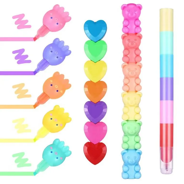 2024 Hot sale Magic Rainbow Pastel fluorescent Color Marker Pens Stackable cartoon Shape Plastic Highlighter Pen