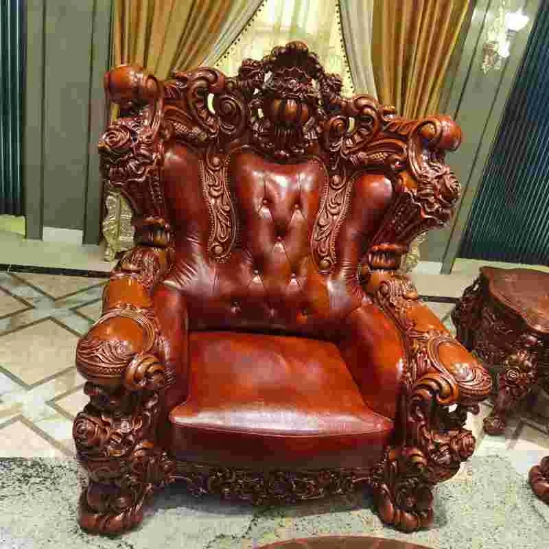 Classic wooden sofa set living room furniture,Full leather european classic luxury wooden carved sofa set
