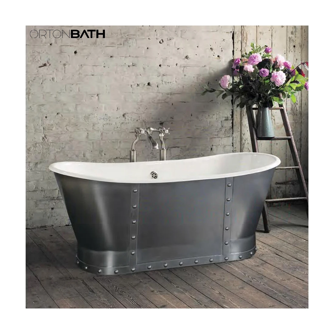 ORTONBATH Oval Silver Enameled Cast Iron Traditional Lion Feet Cheap Price Bath Tub Freestanding Bathtub with Pedestal Base