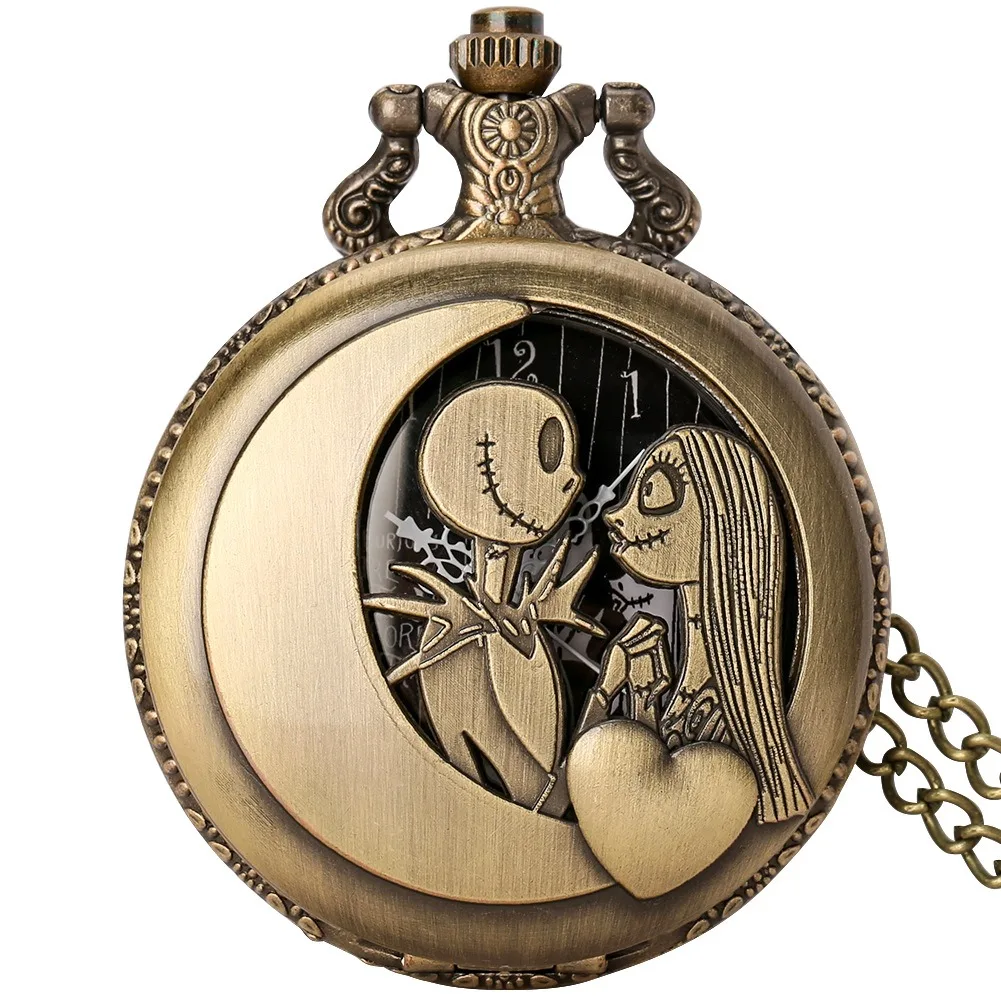 Vintage Stempunk Metal Pendant Watch Jack And Sally Necklace Clock Pocket Watch With Chain Bronze pocket watches for men gifts