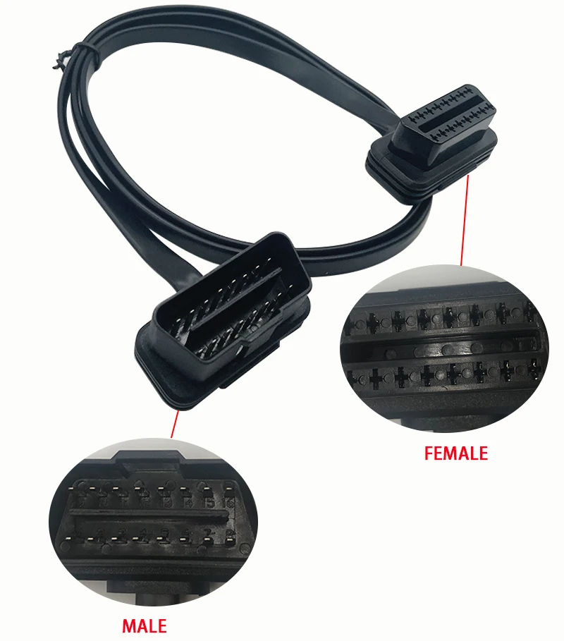 Low Profile Flat Ribbon OBD Diagnostic Cable Male to Female 16 Pin J1962 OBDII Right Angle Extension Wire OBD Extension Cable