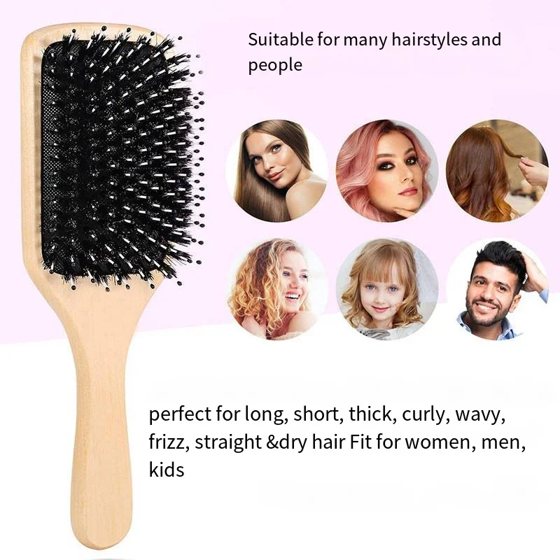 Custom Logo Wooden Paddle Hair Brush with ABS Handle Square Nylon Boar Bristle Massage Cushion Natural Type for Hair Styling