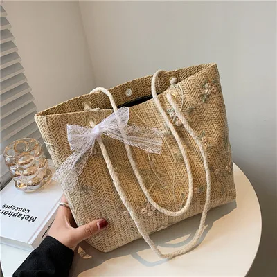 Large Capacity Korean Style Handbag Lace Summer Beach Shoulder Bag Canvas Bag Straw Woven Handmade Casual Fresh Tote Bag Women