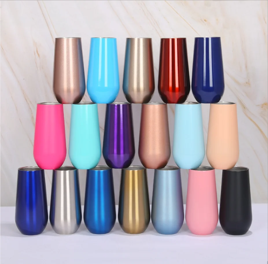 6oz OEM color and logo double wall stainless steel insulated beverage wine glass champagne flutes champagne tumbler with lid