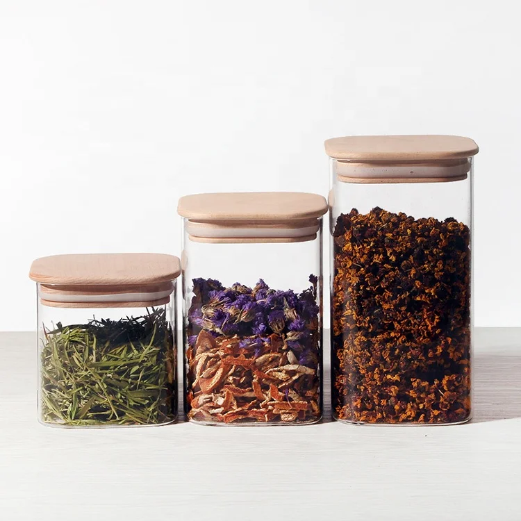 Wholesale Kitchen use clear Nut candy effervescent Square high borosilicate kitchen storage glass jars setwith lids