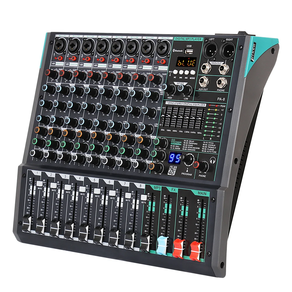 Rayco PA8 Audio Mixing Console Wtih MP3 Computer Input Built-in 99 Reverb Effect 8 Channel usb Audio Mixer