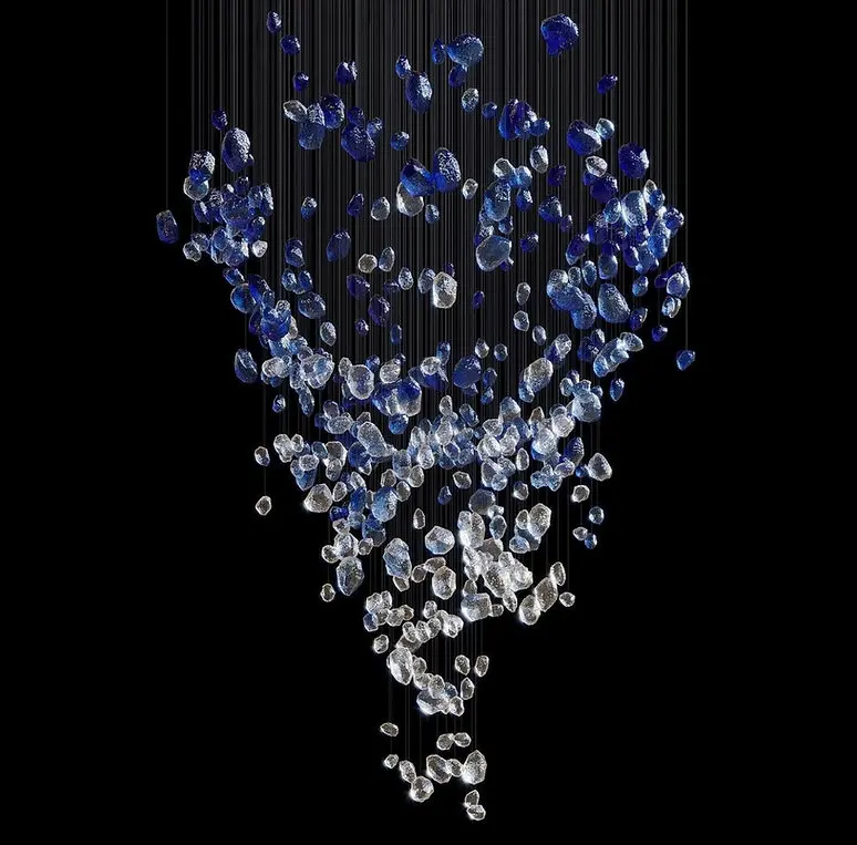 Customer Made Large Blue Chandelier Long Staircase Handmade Stone Decorative Pendant Art Glass stone Chandeliers for Home Hotel