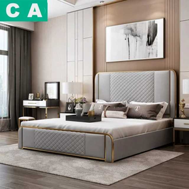 Cheap Nordic minimalist leather bed home furniture high headboard bed 5 star hotel bed linen solid wood frame