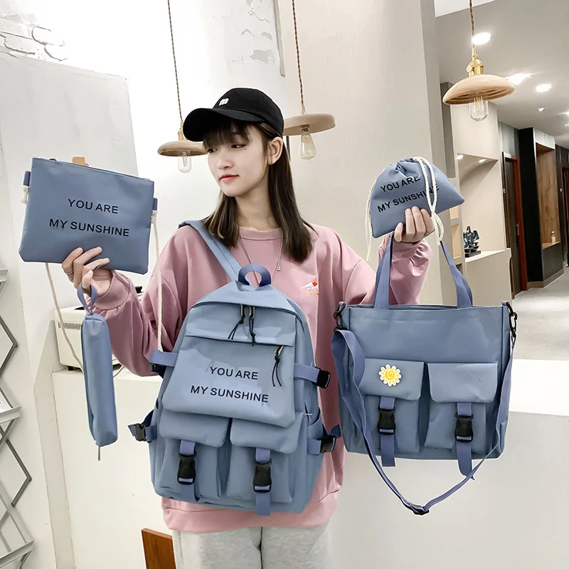5 Pcs/Set High and Junior School Students Simple Campus Backpack Large Capacity Multi-function Canvas Schoolbag Set