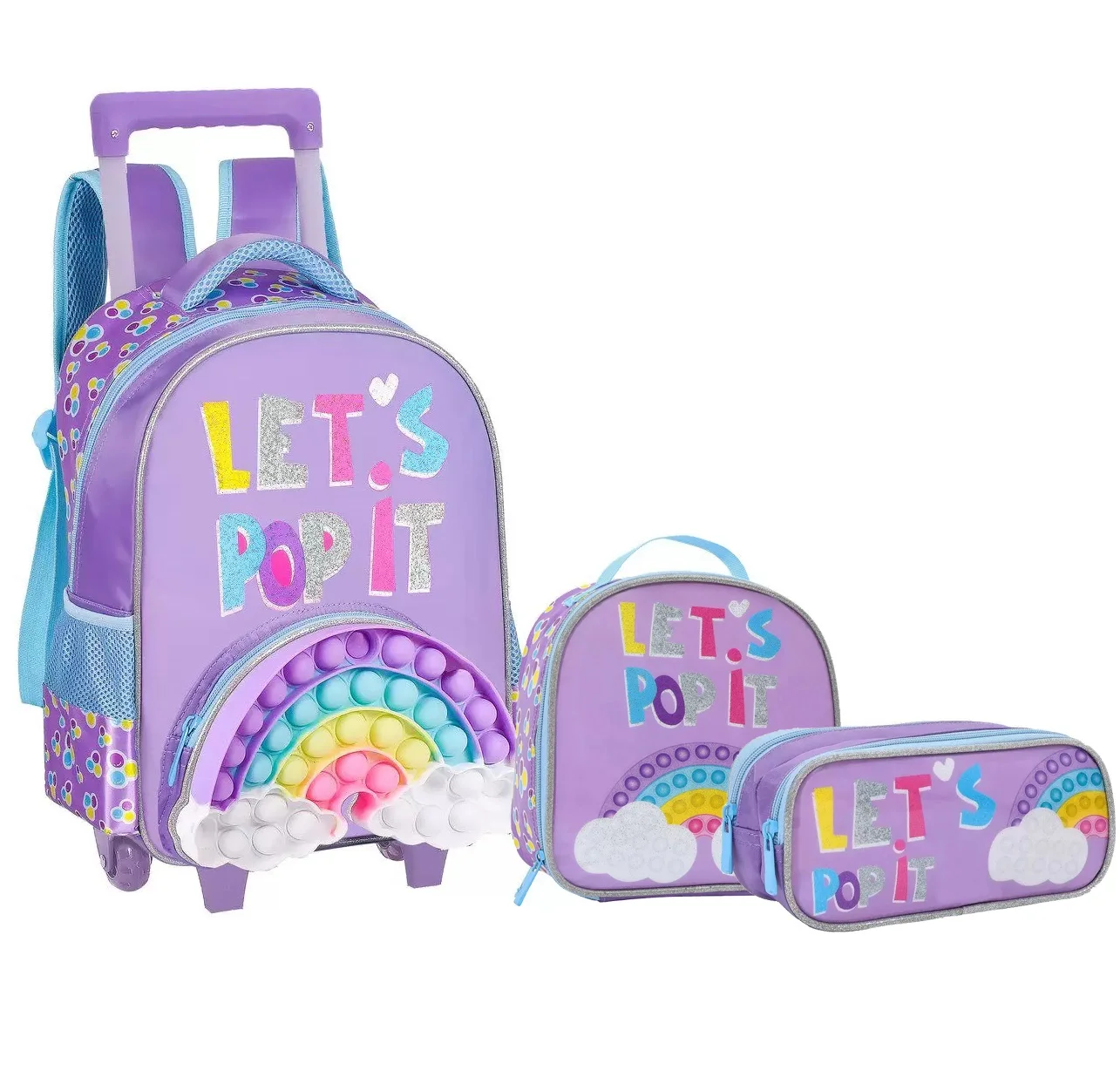 New Design Rainbow School Wheels Trolley Shoulder Backpack Bag 3 In 1 Trolley School Bag Set