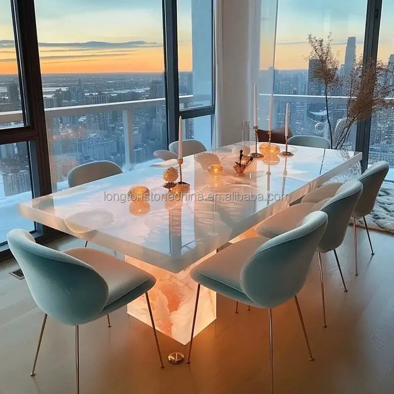 Popular Translucent Onyx Marble Dining Table Natural Lumi Stone Dining Table Set For 6 Custom Backlit Crystal Onyx Dining Table