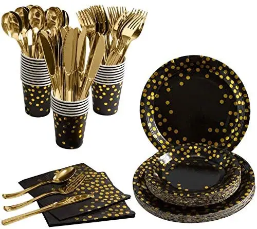 Disposable Tableware Set Black With Gold Foil Party Supplies include Paper Plates Napkin Straws Tablecloth Cup for Graduation