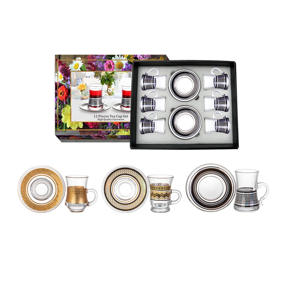 Modern Collection Turkish Glass Mug With Thin Waist Saucer Cups Set, Espresso Coffee Cups Set of 6 Cups & 6 Saucer