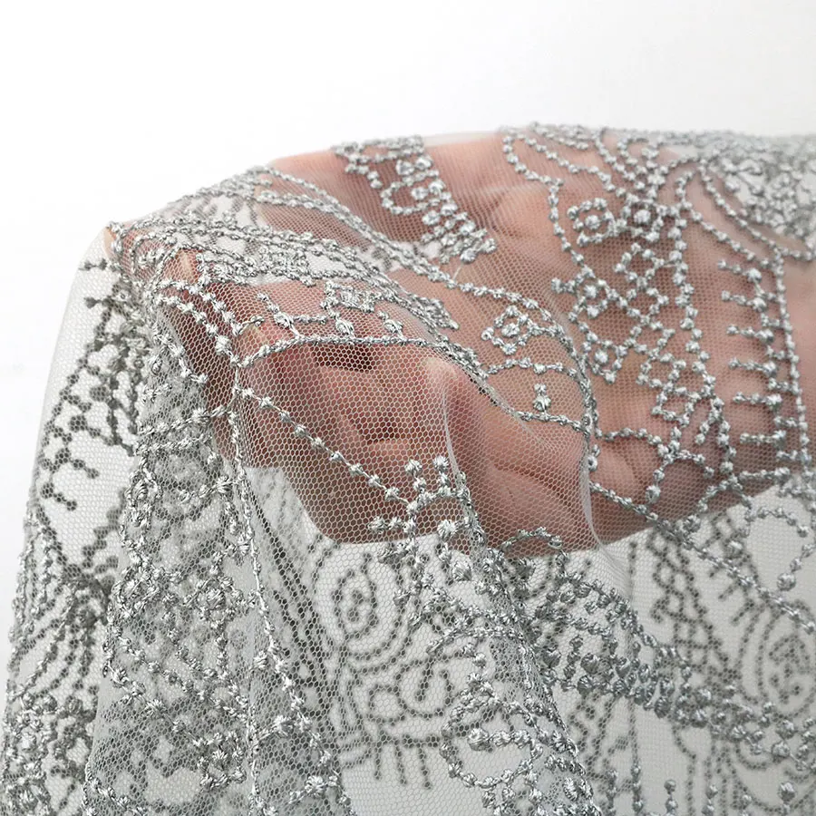 Fashionable High Quality Gray Machine Embroidered Flat Embroidery Tulle Lace Fabric for Wedding Dress Bridal Gown