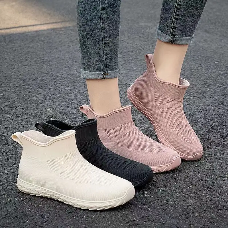 New solid color women four seasons water shoes fashion casual flat rain boots low round head outside to wear rain shoes