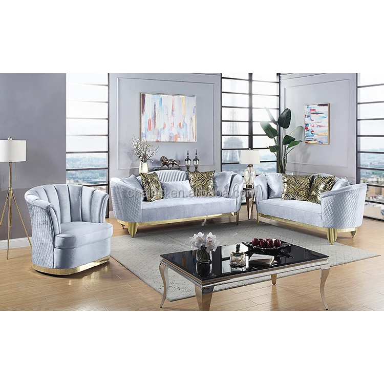 DongGuan Factory Chainiti Wholesaler Furniture Luxury Modern  Living room Sofa Set With Gold Stainless