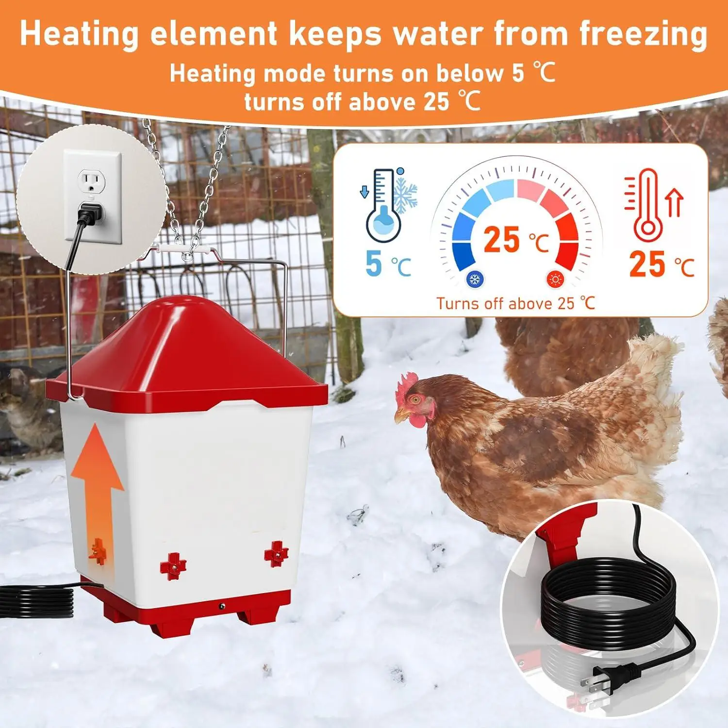 5 Gal Chicken Heated Waterer Drinker With Adjustable Legs In Winter