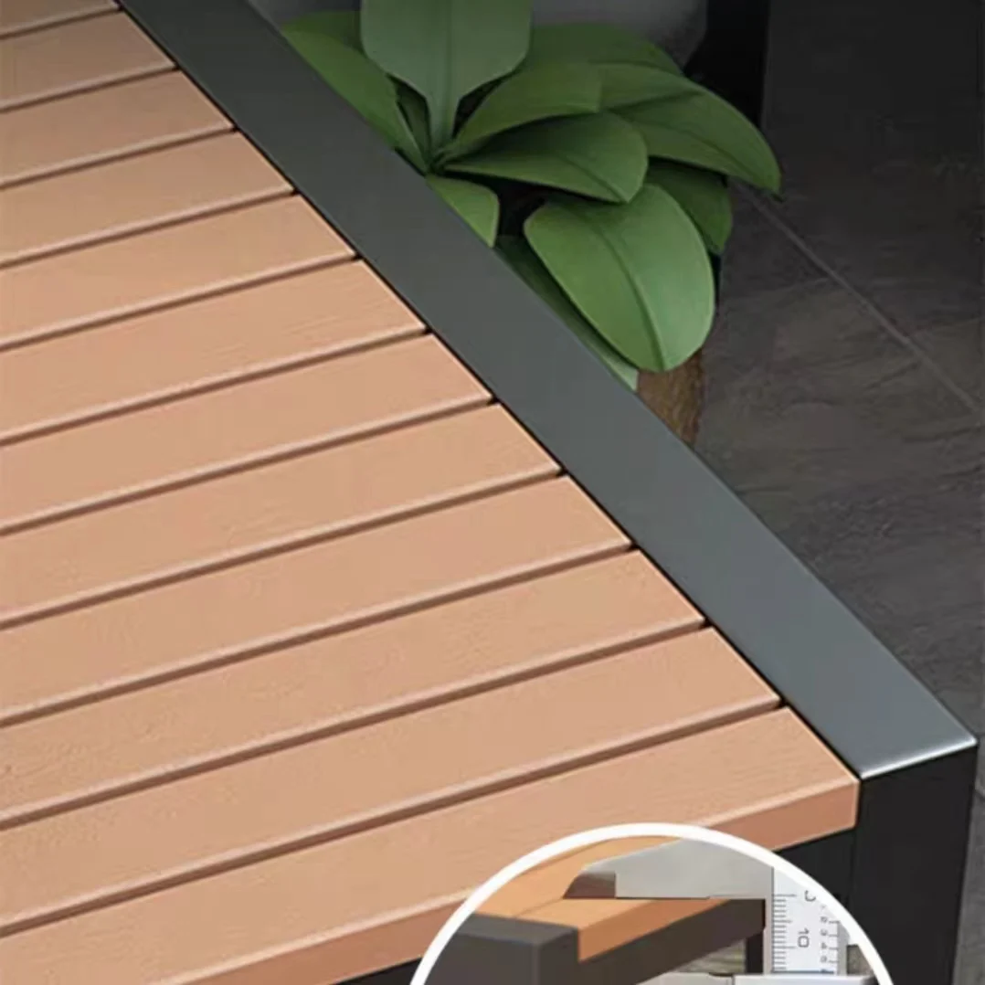 Outdoor Dining Set with Rectangular Metal Frame and Wood Like Tabletop Including 2 Chairs Bench Combining Plastic Wood Elements