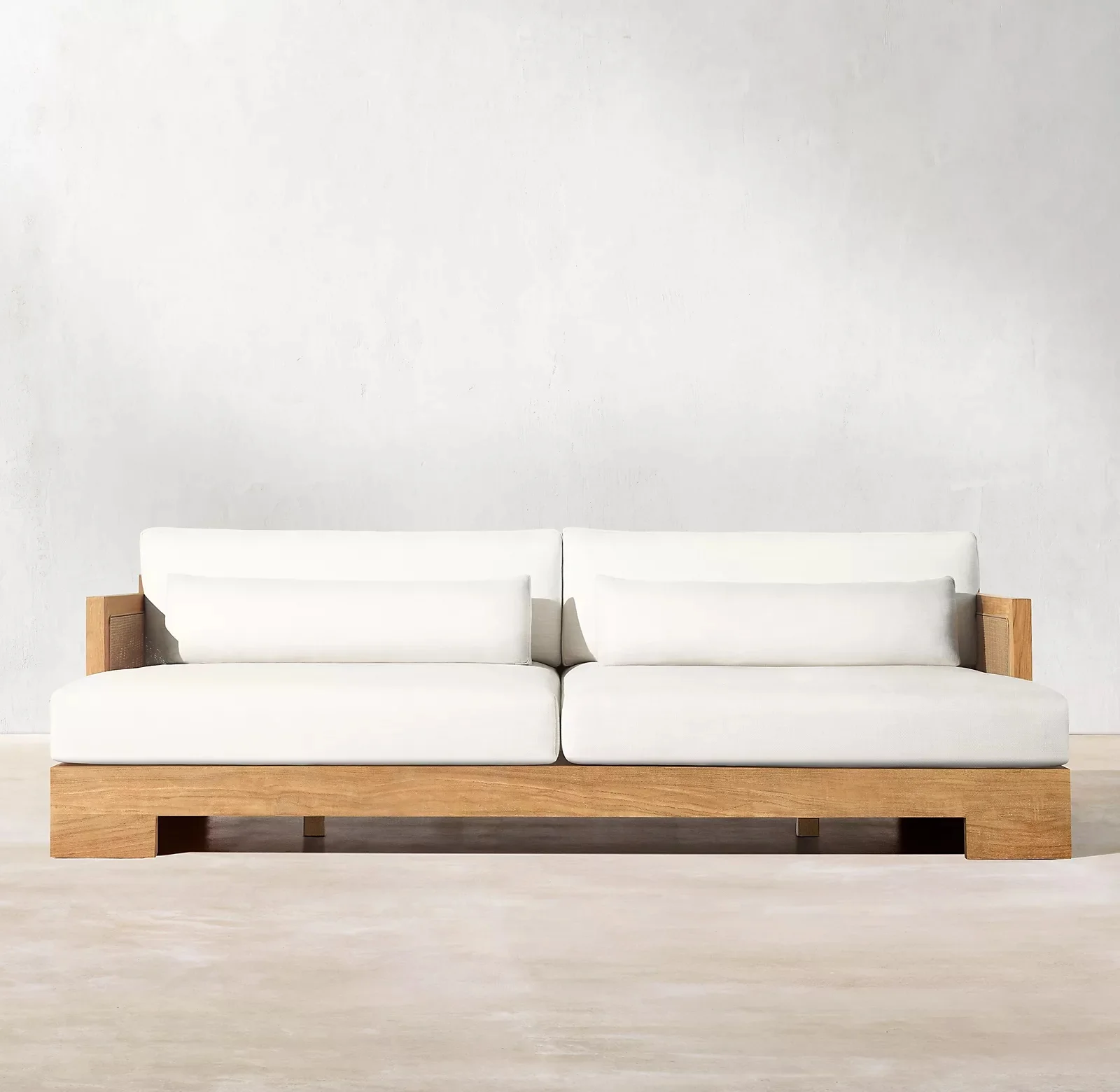 Classic Wide-Plank Outdoor Furniture Geometric Angles Matching Cushions Natural Teak Sofa Set