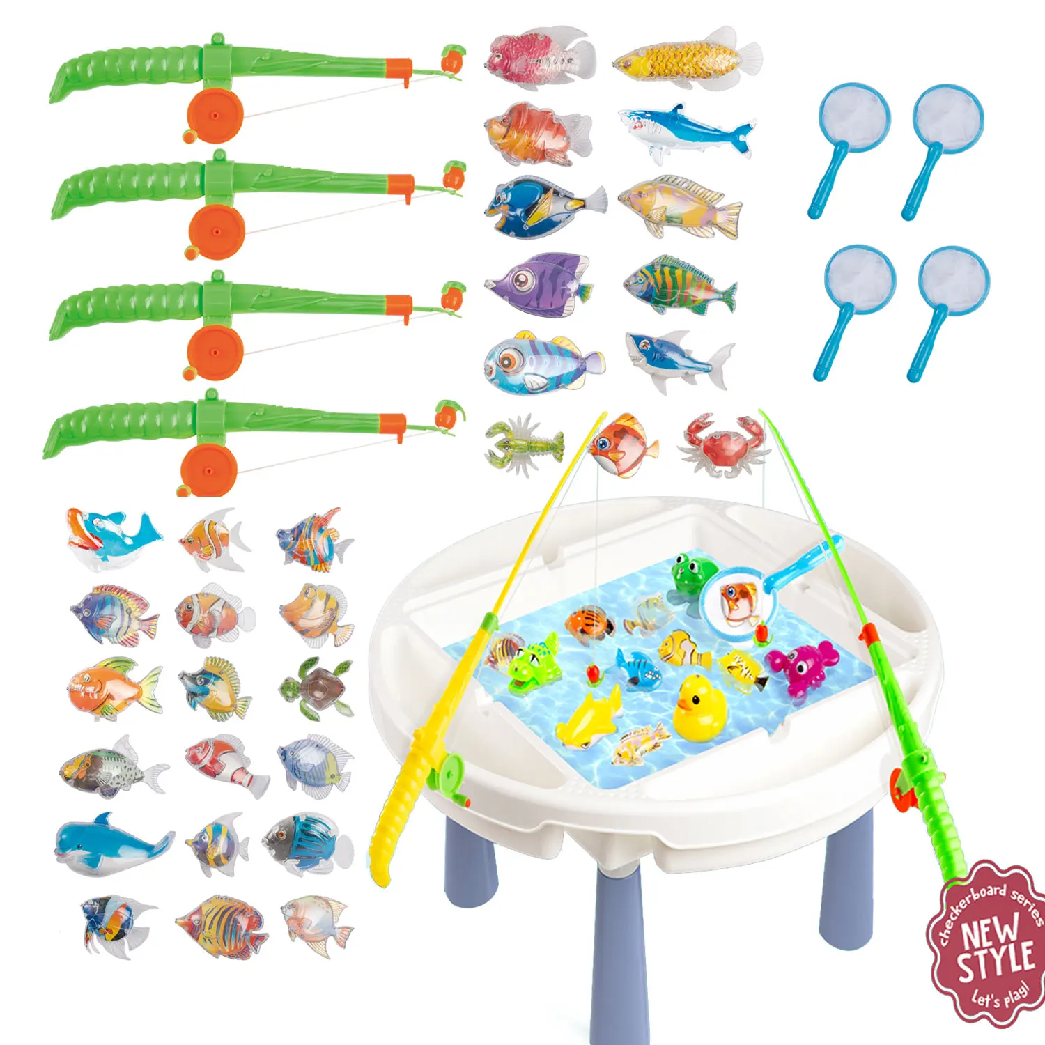 Floating Tropical Fishes Figurines Sets Pool Net Fishing Game Water Playing Table Toys for Toddlers