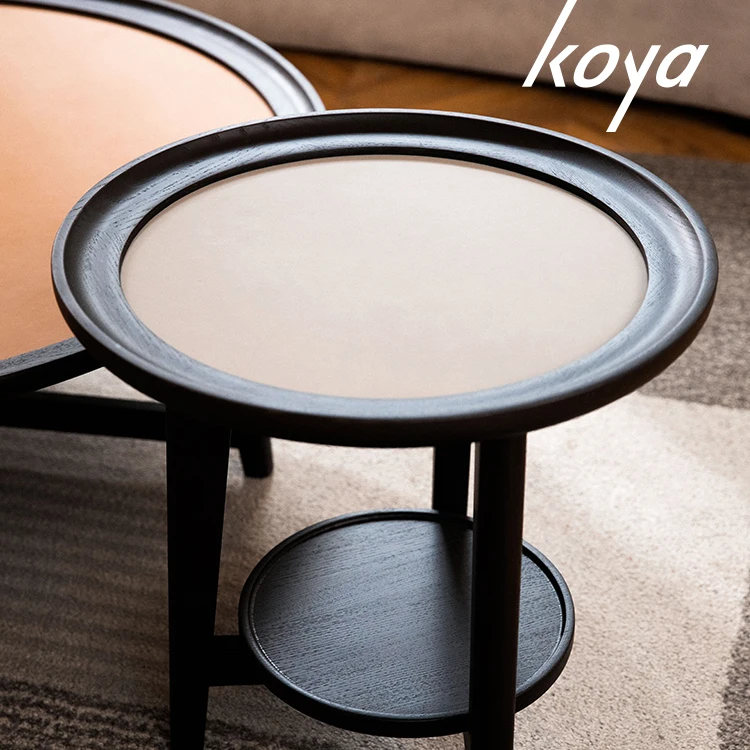Modern Luxury Nordic Design Living Room Leather Top Wooden Round Center Table Coffee Table