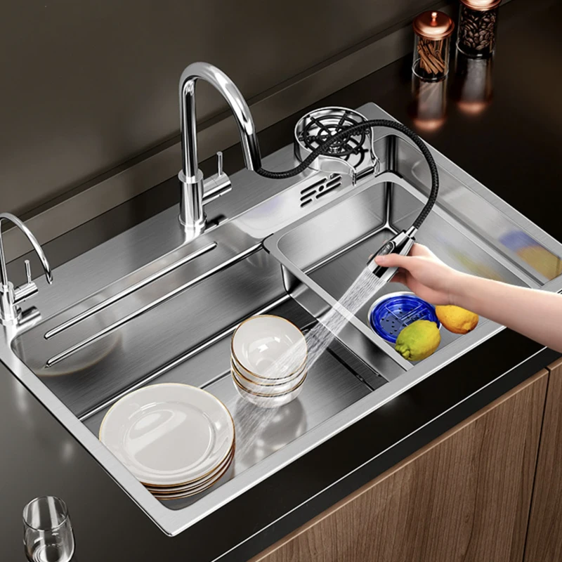 Single Bowl Kitchen Sink Brushed Silver Stainless Steel Nano Finish Square Shape Undermount Installation Three Includes Faucet