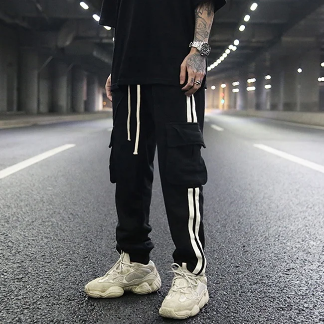 OEM hot sale black side stripe jogger pants casual elastic waist draw string streetwear cotton teen hiphop trousers stock