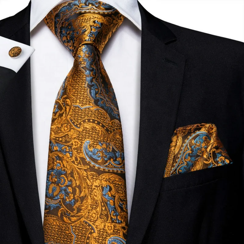 LELE Custom Design Luxury 100% Silk Ties Men Floral Black Gold Paisley Necktie Set For Men