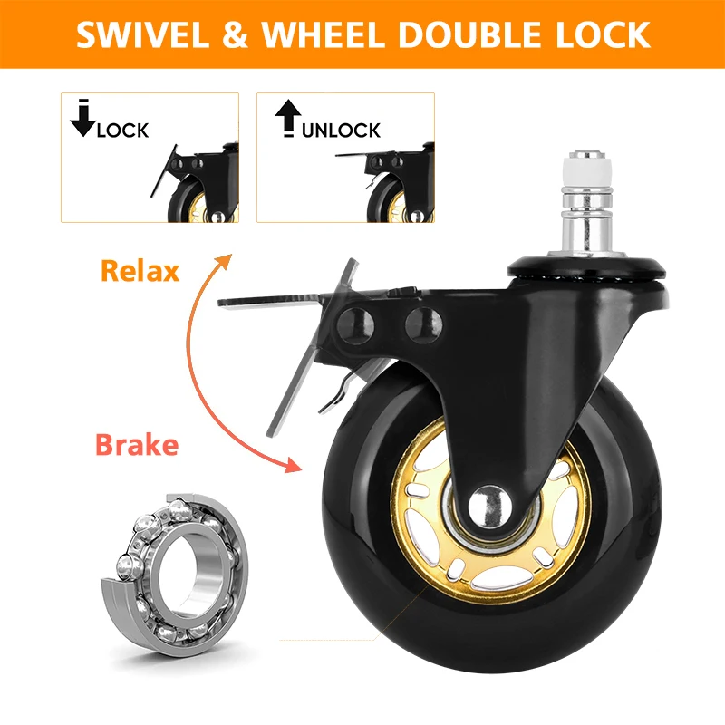 Universal Industrial Furniture Medical Heavy Duty Swivel Wheel 3 Inch PU Office Chair Caster Wheel with Dual Brake Double Ball