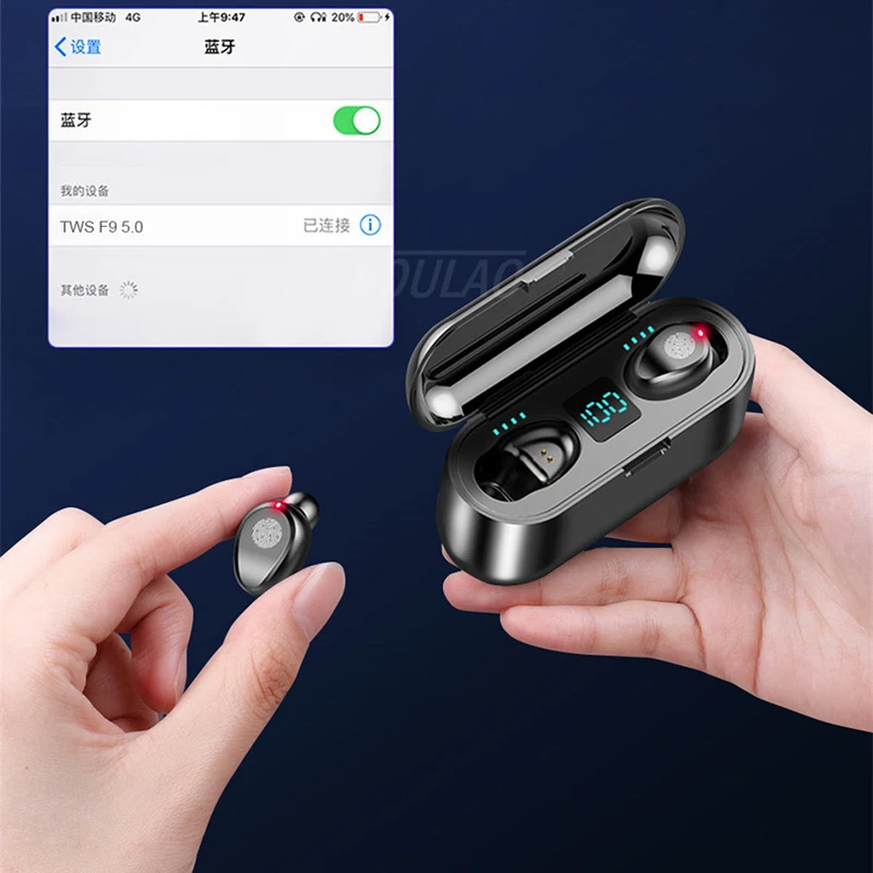 
2021 New Ipx7 Waterproof True Wireless Headphone V5.0 5.0 Bass Earbud Tsw F9 2000Mah F9-5C F9 Tws 