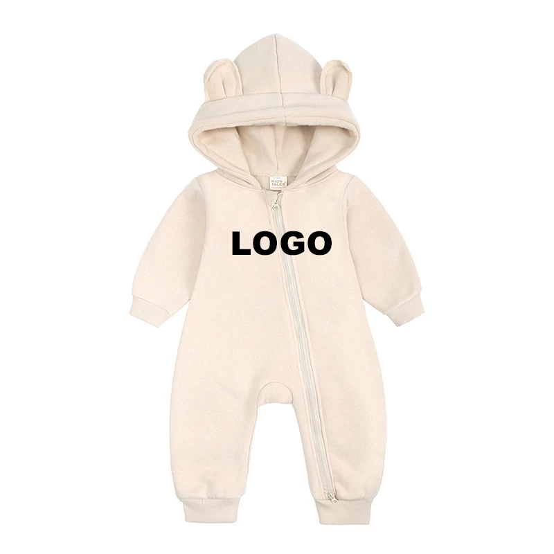 Custom LOGO Newborn Baby Girls Boys Bodysuit Winter Jumpsuit Solid Bear Ear Kids Clothes Hoodie Baby Rompers Set