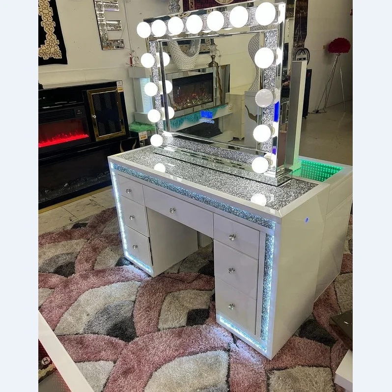 bedroom furniture glass top vanity table with makeup mirror shelves