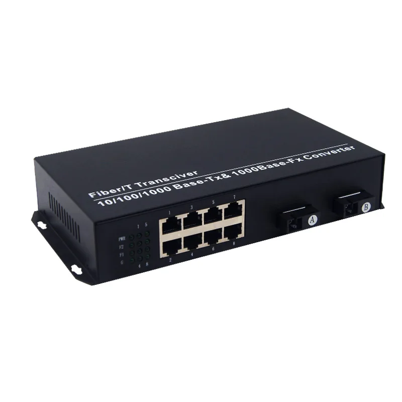 Full Gigabit 2 SC 8 RJ45 Ethernet Daisy Chain Self-Healing Ring Media Converter