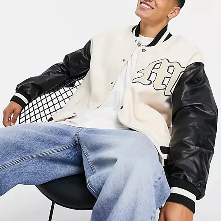 OEM supplier winter custom bomber jacket leather sleeve chenille embroidery flight baseball vintage letterman varsity jacket