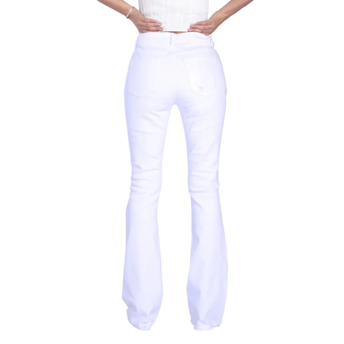 Custom White Colored Stretchy Ripped Design High Waist Women Flare Jeans