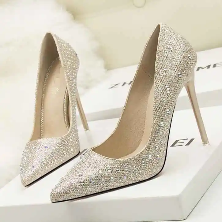 Fashionable, sweet, elegant, high-heeled shallow-mouth, thin, pointed, rhinestone wedding shoes