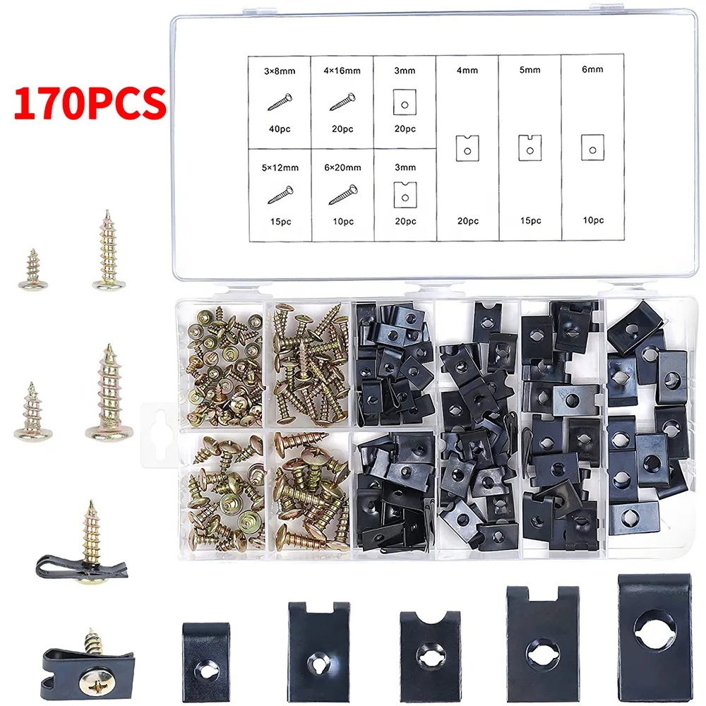 QGZ126 170PCS Car U Clip with Screw Assortment Kit Automotive U Nut Screw Clip Metal Body Panel Clip Fasteners